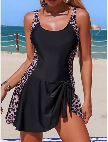  Damen Badeanzug Einteiler Badeanzugkleid Bademode Bauchkontrolle Hohe Taille Schlank Rückenfrei Urlaub Strandbekleidung Leopard Gestreift Rundausschnitt Ärmellos Badeanzüge