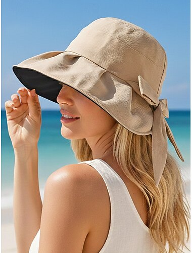  Dameszonnehoed van polyester met brede rand en strikdetail, UV-beschermende opvouwbare zomerpet voor op het strand, verkrijgbaar in verschillende kleuren, stijlvolle bescherming voor de voorjaarsvakantie en dagelijks gebruik.