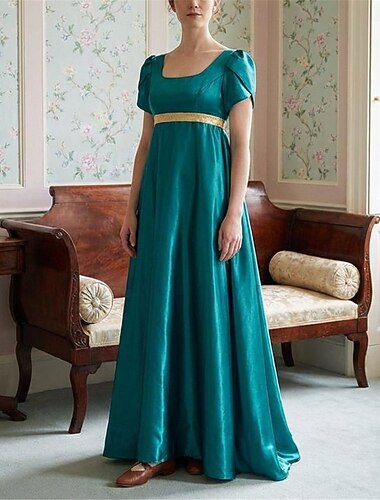  19e eeuw Regency-periode Tot de enkel Jurken Korte mouwen Prinses Vriendelijke vrouw Edelvrouw Effen Kleur Vierkante hals Kostuum Dames Koninklijk Halloween Carnaval Teaparty LARP Ren Faire