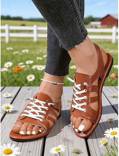  Bruine damessandalen met veters, open neus en zachte, gevoerde zool - vintage-geïnspireerde sandalen met leerlook voor dames, geschikt voor dagelijks gebruik, reizen, tuinwandelingen, weekenduitjes en zomerse casual gelegenheden.