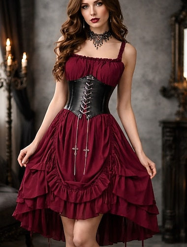  Set Gothique Victorienne Renaissance Asymétrique Robe Corset Collier avec accessoires Princesse Ligne A Déguisement Femmes Halloween Carnaval Décontracté Quotidien Foire de la Renaissance LARP