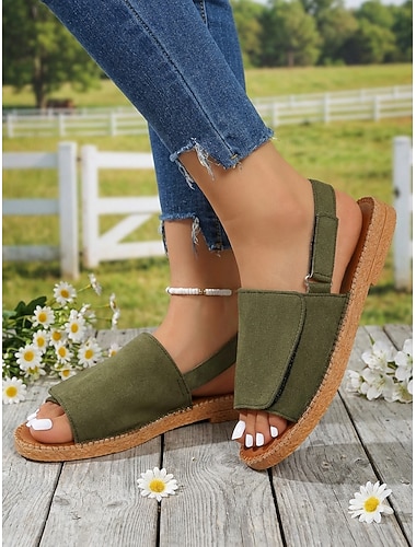  damesandaler i militærgrønn – komfortable, åpne slingback-sko med flat tå for sommerstrand og reiser &daglig bruk