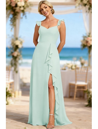  A-linje Brudepikekjole Spagettistropper Ermeløs Elegant Gulvlengde Chiffon med Delt front / Ruchiing