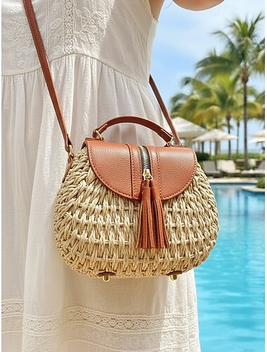  borsa da donna in similpelle e paglia intrecciata con dettagli in nappa, tracolla regolabile, opzioni multicolore, perfetta per le vacanze al mare e per l'uso quotidiano