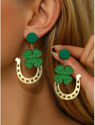  Brincos pendentes de trevo de acrílico para o Dia de São Patrício, leves e com glitter, em vários estilos, na cor verde irlandesa, perfeitos para desfiles, festas e ocasiões especiais.