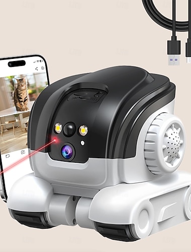  Robotcamera op wielen, 1080p, dubbele lens, beveiligingscamera voor binnen met tweewegsaudio, nachtzicht, flitser, robot met 5200mAh-batterij &App-bediening ideaal voor katten/honden/baby's/senioren