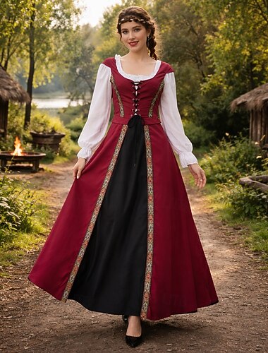  Retrò Vintage Medievale Rinascimento Lunghezza al pavimento Vestito Lunghe Vichingo Allacciato Costume Per donna Fantasia Halloween Carnevale Fiera Rinascimentale LARP Festa a tema retrò Adulti