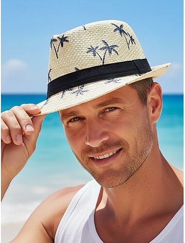  Herre stråfedorahatt med palmetretrykk, lett, pustende, vevd sommerhatt i flere farger, avslappet resortstil for vårferie på stranden og hverdagsbruk
