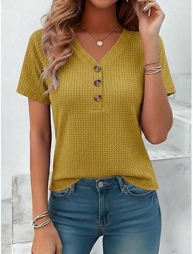  Dames T-shirt Wafelgebreide tops Knop Effen Kleur Modieus Stijlvol Klassiek Korte mouw V-hals Normale tops Dagelijks Uitgaan Weekend blauw Geel Blozend Roze Groen Grijs Zomer Lente