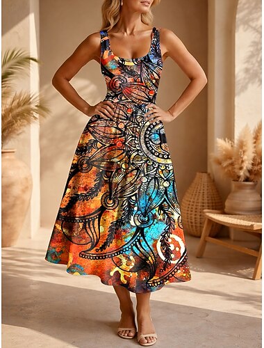  Damen Midikleid Sommerkleid A Linie Kleid Urlaub Lässig Boho Strand Date Normale Passform Grafik Stammes Ärmellos U-Ausschnitt Blau Purpur Orange Grün Sommer Frühling