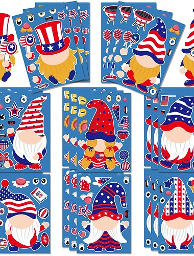 80 hojas de pegatinas para hacer caras con motivo del 4 de julio (5 paquetes de 16), 8 diseños de pegatinas de gnomos patrióticos para niños, recuerdos de fiesta del Día de la Independencia,