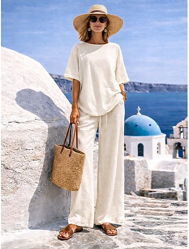  Completo pantaloni da donna in lino al 15%, completo in lino, tinta unita, tasca, elastico in vita, t-shirt, pantalone, casual, a maniche lunghe, girocollo, blu, nero, bianco, blu navy, marrone chiaro, estate, primavera