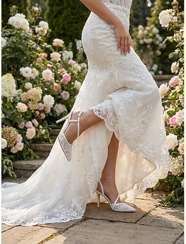  סנדלי עקב גבוהים עם תחרה לנשים - נעלי כלה אלגנטיות לחתונות גן