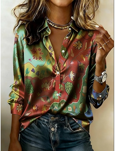  Dame Skjorte Sateng skjorte Trykt mønster Blomstret Grafisk Bohem Årgang Klassisk Langermet Skjortekrage Vanlige topper Daglig Ferie Ut på byen Blå Gul Rosa Grønn Lyseblå Sommer Vår Høst