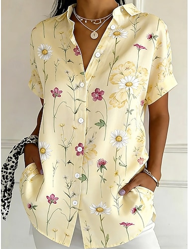  Dámské Košile Knoflíky Tisk Květinový Grafika Vinobraní stylové Moderní Krátký rukáv Košilový límec Běžné topy Denní Vodní modrá Žlutá Světlá růžová Fialová Trávová zelená Léto Jaro