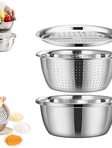  3-teiliges Küchenset aus Edelstahl mit integriertem Mahlwerk, Multifunktionsfilter und Rührschüssel, ideal zum Reinigen und Schneiden von Obst, Gemüse und Käse, perfekt für die heimische Küche.