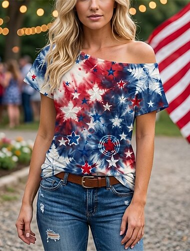  250-jähriges Jubiläum USA Retro Vintage 1980er T-Shirt Ein-Schulter Kurze Ärmel Kostüm Damen 4. Juli Unabhängigkeitstag Erwachsene T-shirt