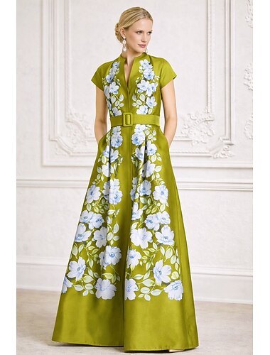  A-Linie Bodenlang Abendkleid Elegant Blumen Kurzarm V Ausschnitt Gartenparty Hochzeit Gürtel / Schärpe Satin Tiefer Wasserfall-Rückenausschnitt mit Blumenmuster Tasche