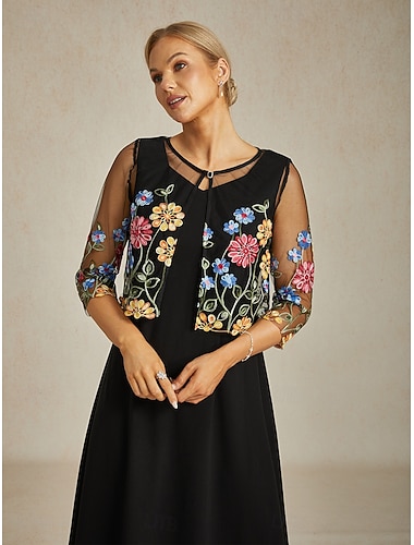  Damen Jacke Urlaub Bestickt Blumen Lässig / Alltäglich Elegant Normale Passform Oberbekleidung Dreiviertelarm Sommer Schwarz S
