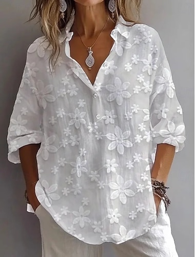  Mujer Camisas con tacto de lino Blusa Encaje Retazos Botones Color sólido Elegante Básico Casual Manga Larga Escote en Pico Tops regulares Diario Blanco Verano Primavera Otoño