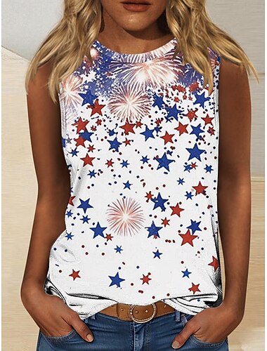  Top bez rukávů pro ženy k Dni nezávislosti patriotické potisk vlajky vintage stylové klasické kulatý výstřih běžné topy každodenní modrá červená léto jaro