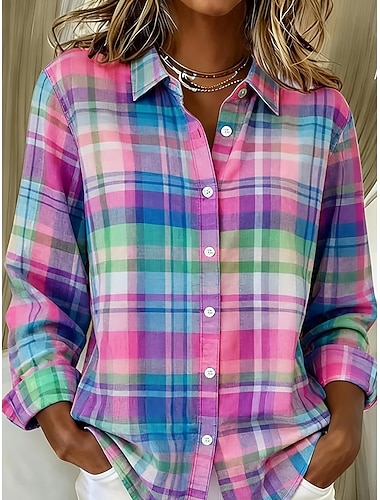  Per donna Camicia Bottoni Stampato Grafico Plaid Vintage Elegante Moderno Manica Lunga Colletto a Camicia Top Regolari Quotidiano Blu Arancione Estate Primavera