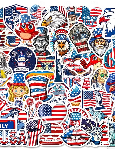  250 stk. 4. juli-klistremerker (5 sett med 50) patriotiske USA-amerikanske flagg-vinylvanntett klistremerke til vannflaske, bærbar PC, utklippsbok, uavhengighetsdagsfestdekorasjoner for barn og voksne
