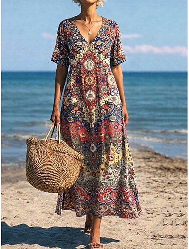 Damen Maxikleid Shiftkleid Sommerkleid T-Shirt-Kleid Urlaub Lässig Boho Strand Party Lässiger Schnitt Paisley-Muster Ethnisch Kurzarm V Ausschnitt Rot orange Sommer Frühling