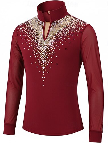  Kunstschaatstopje Voor heren Schaatsen Tops Rood Lapwerk Rekbaar Opleiding Wedstrijd Kunstschaatskleding Klassiek Kristal / Bergkristal Lange mouw Schaatsen Kunstschaatsen