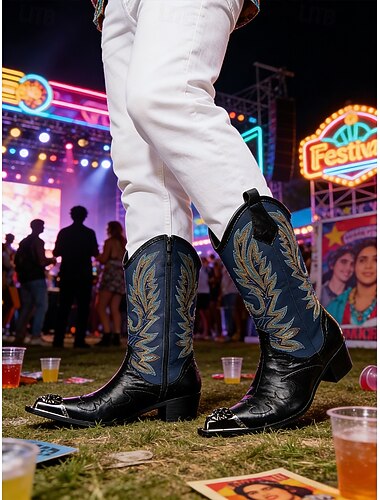  Bottes de cowboy pour hommes en cuir véritable avec un motif floral audacieux, bottes western élégantes pour festival de musique