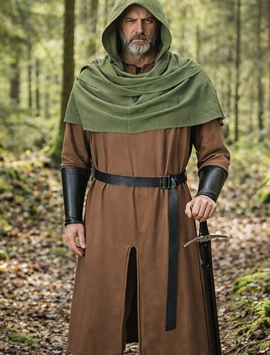  Conjunto Retro Vintage Medieval Renascentista Acessórios Xales Túnica com acessórios Manga Comprida Viking Ranger Fantasia Homens Dia Das Bruxas Carnaval Mascarilha feira renascentista Festa Temática