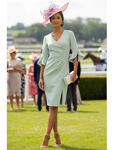  Kjoler Knelengde Derbykjole Kjole til brudens mor Halvlange ermer V-hals Elegant Kentucky Derby Stretchstoff med Plissert Bølgemønster Drapering