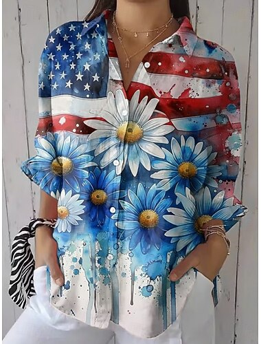  Giorno dell'Indipendenza Americana Per donna Camicia Arricciato Floreale Grafico Bandiera Vintage Elegante Manica Lunga Manica a Volant Manica a Campana Colletto a Camicia Top Regolari Quotidiano
