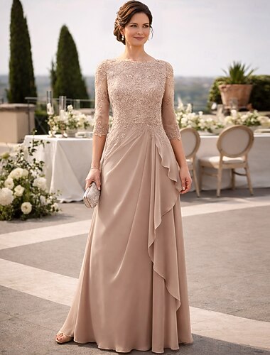  Kleid bodenlanges Hochzeitsgastkleid formelle Kleider Abendkleid Mutter der Braut Kleid 3/4-lange Ärmel Rundhals elegant einfach Hochzeitsgast mit Spitze einfarbig