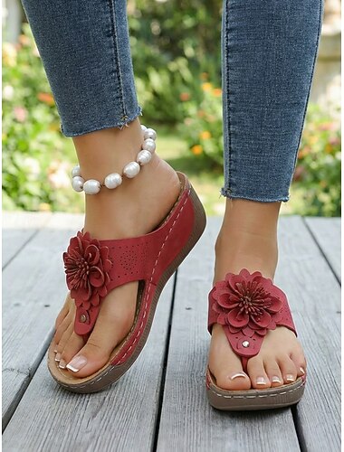  Damesandaler med blomsterprint og kileformet fotseng, uformelle sommersandaler for kvinner, turgåing, ferie, strand, reise &hverdagsbruk