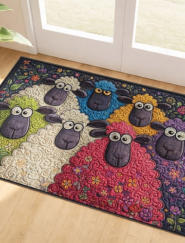  Dørmatte med kunstbroderi og seks fargerike ullsauer i blomstermotiv i eventyrland