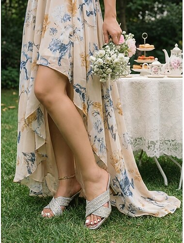  Women's Silver Glitter Strappy Heels - Elegant Open Toe Sandals for Garden Wedding Guests