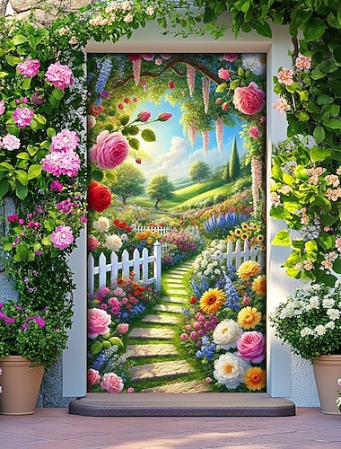  Habillage de porte de jardin de roses, motif imprimé en 2D d'une allée de clôture et de fleurs épanouies, décoration élégante pour l'entrée de votre maison, idéal pour décorer une porte d'entrée ou un