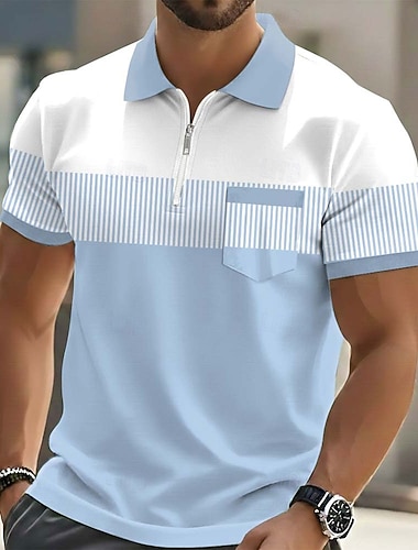  Herren Gestreift Poloshirts Kurzarm Polo-Shirts Revers Lässig Outdoor Ferien Alltagskleidung Tasche 3D-Druck Sommer Blau Purpur Grün