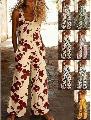  Macacão feminino casual em linho sintético com estampa floral, sem mangas, pernas largas, decote em U e bolsos, ideal para uso diário, férias e verão. Disponível nas cores azul, preto e amarelo.