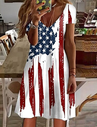  Amerikaanse onafhankelijkheidsdag Dames Mini-jurk Zonnejurk T shirt jurk A lijn jurk Casual Dagelijks Normale pasvorm Vlag Korte mouw Strakke ronde hals V-hals blauw Marine Wit Zomer