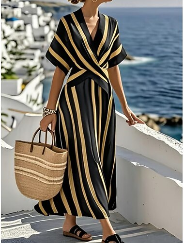  Dámské Midi šaty Áčkové šaty prázdniny Na běžné nošení Venkovní Jdeme ven Běžný Proužek Krátký rukáv Do V Námořnická modř Žlutá Nebeská modř Béžová Léto Jaro