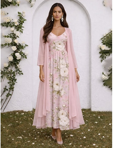  Damen Kleid-Set A Linie Kleid Elegant Urlaub Blumen Grafik Geschichtet Druck Maxikleid Dreiviertelarm V Ausschnitt Formell Rosa Purpur Grün Sommer Frühling Normale Passform