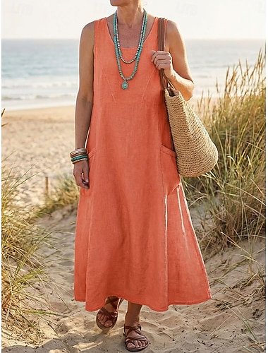  Damen Midikleid Baumwoll-Leinen-Kleider Shiftkleid Sommerkleid Trägerkleid Elegant Mode Modern Täglich Outdoor Urlaub Lässiger Schnitt Einfach Ärmellos U-Ausschnitt Weiß Rosa Orange Khaki Sommer