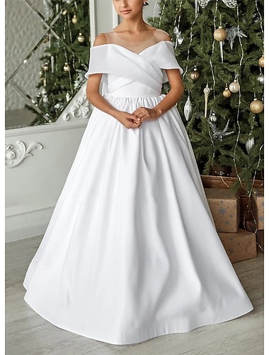  A-linje Gulvlengde Blomsterpikekjole Konfirmasjon Jenter Søt ballkjole Sateng med Sløyfe(r) Elegant Passer 3-16 år