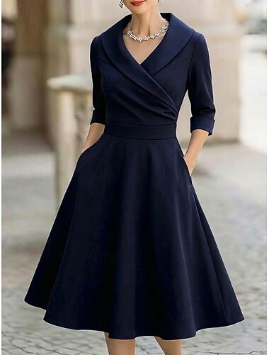  Dame Midikjole Elegant kjole Elegant Mote Moderne Kontor Ut på byen Normal عادي Langermet Skjortekrage Svart Hvit Vin Lilla Vår Høst Vinter