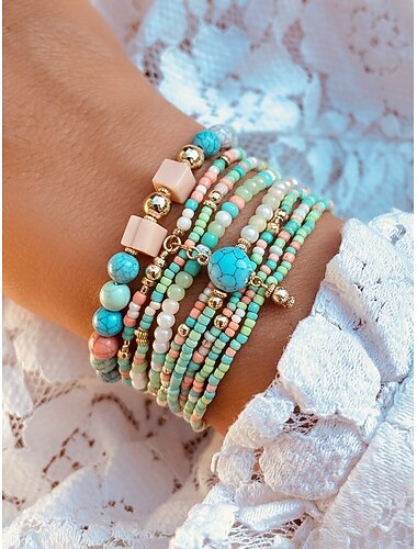  Damesarmbanden in veelkleurige bohemian stijl met kralen van hars en legering, trendy en levendig, perfect voor vakantie en casual dagelijks gebruik.