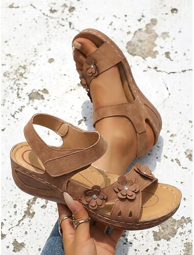  Damessandalen met sleehak in bruin met bloemenprint - zachte, gevoerde binnenzool, ademende open teenschoenen, casual boho-stijl, ideaal voor wandelen, reizen, zomervakanties, buitenactiviteiten en