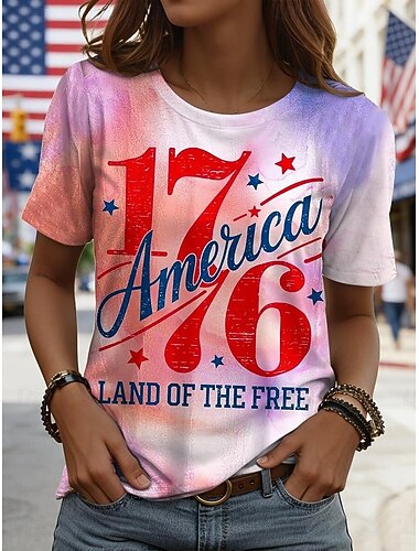  Függetlenség Napjának Patriotikus Női Póló Nyomtatott Grafika Betű Amerikai Zászló Vintage Stílusú Klasszikus Rövid Ujjú Kerek Nyakú Normál Felsők Mindennapi Hétvégi Fehér Piros Fehér Szivárvány