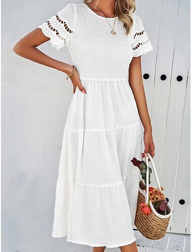  Damen Midikleid Weißes Kleid Elegant Mode Modern Outdoor Urlaub Ausgehen Normale Passform Einfach Kurzarm Rundhalsausschnitt Schwarz Weiß Armeegrün Braun Sommer Frühling